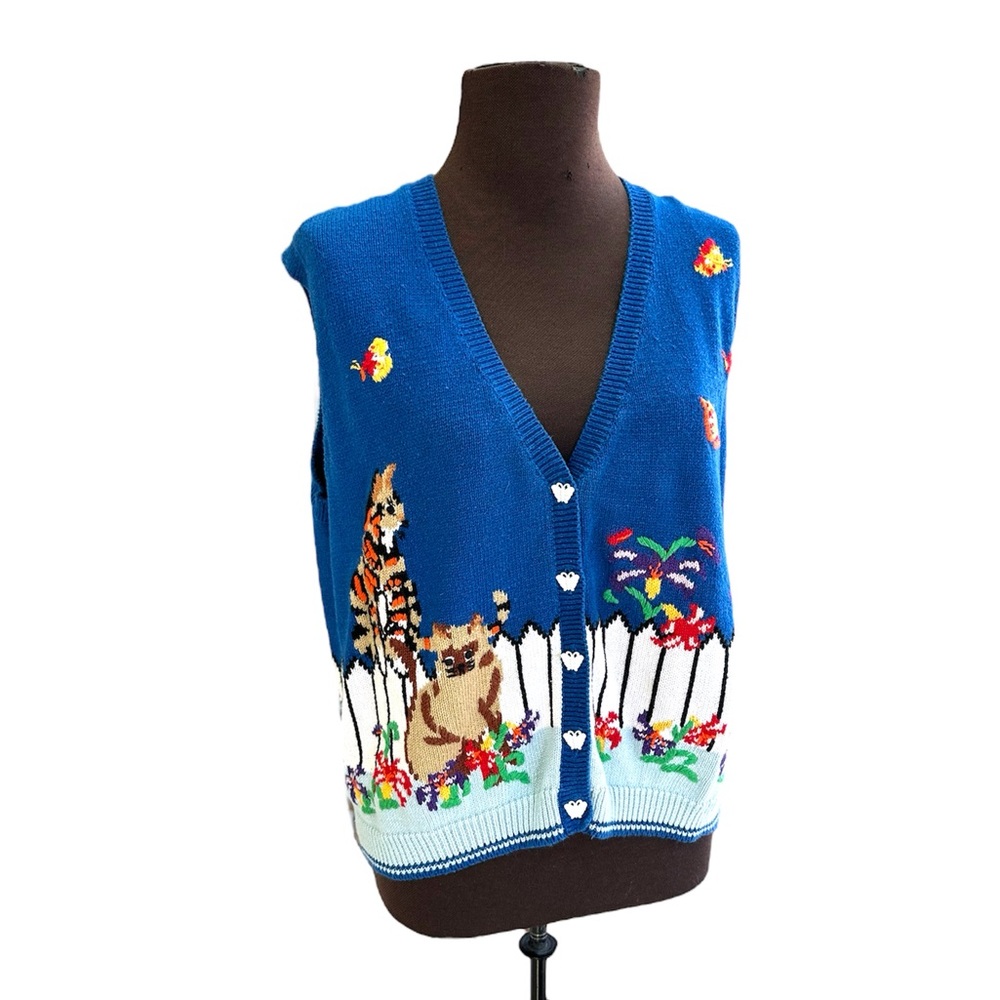 Vintage Bechamel spring cat sweater vest‎ with butterflies and flowers sz M